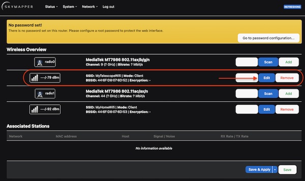 Wireless Overview list - find your telescope's network and click Edit