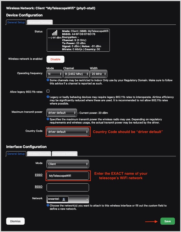 Wireless settings - enter your telescope's Wi-Fi name in the ESSID box
